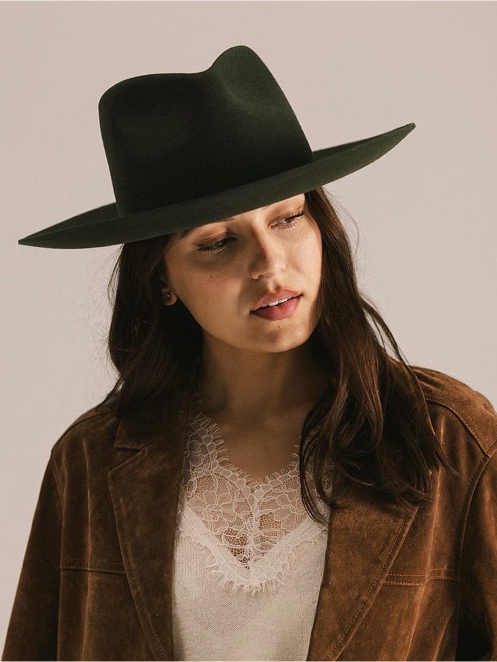 GIGI PIP ROWAN WIDE BRIM FEDORA HAT Wide Brim Wool Hat in Dark Green